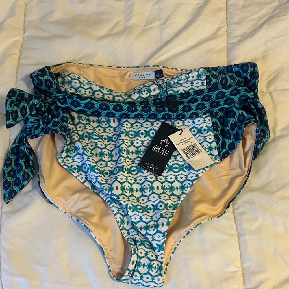 CABANA LIFE - NEW-  Blue and Green Patterned Bikini Bottom- size Large